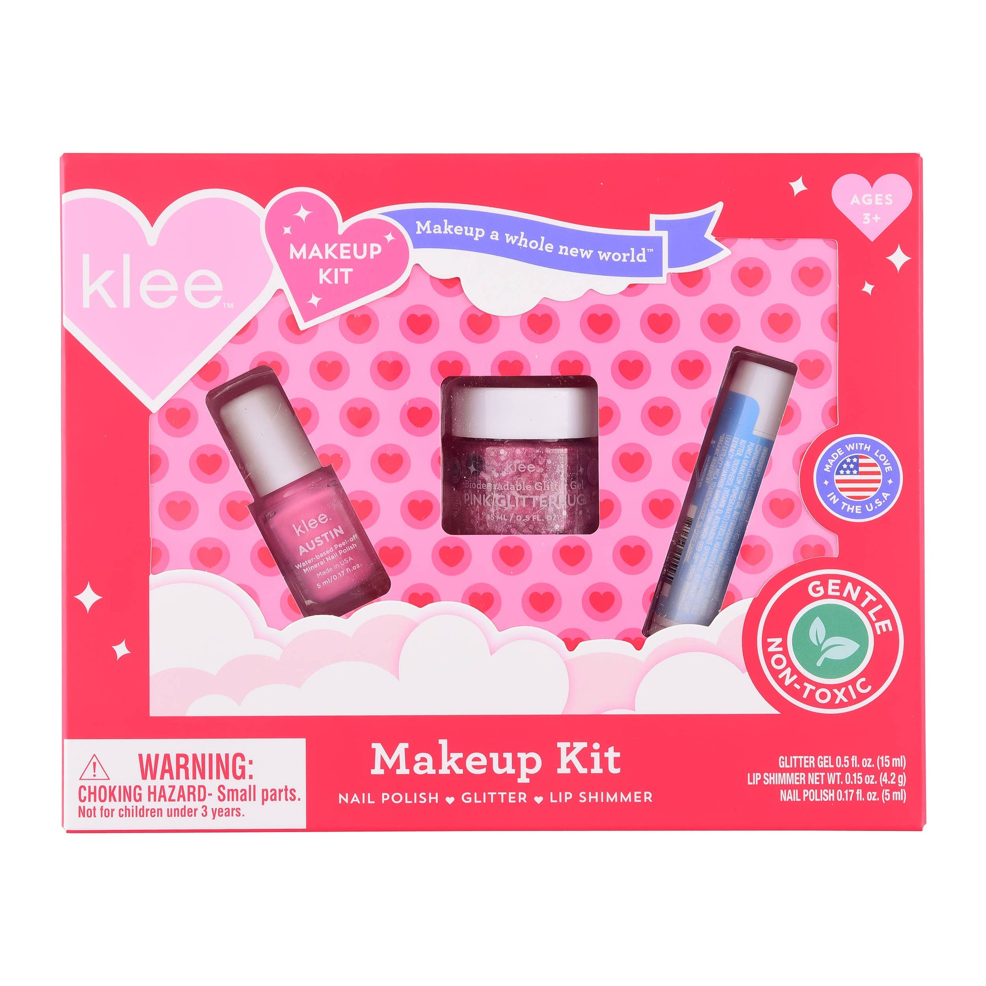 Klee makeup kit packaging with three products on a pink heart-patterned background