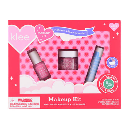 Klee makeup kit packaging with three products on a pink heart-patterned background