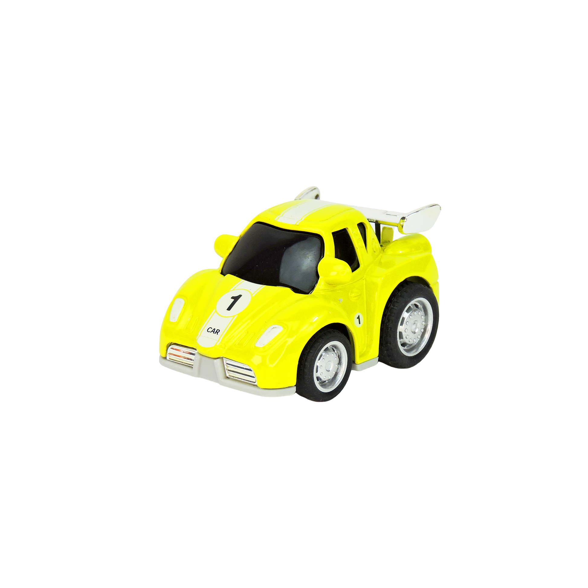 Yellow toy car with a black number 1 on a white background