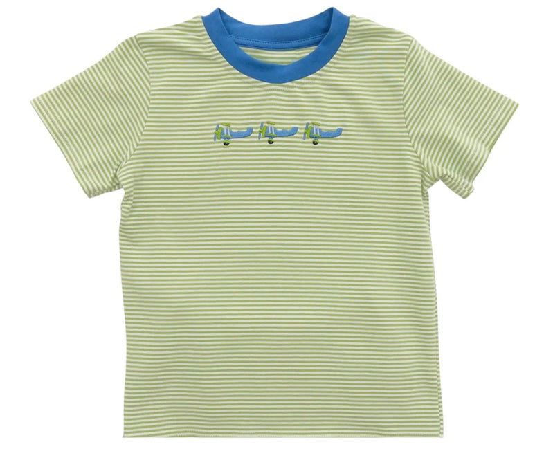 Green and blue striped t-shirt with airplane design on a white background