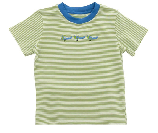 Green and blue striped t-shirt with airplane design on a white background