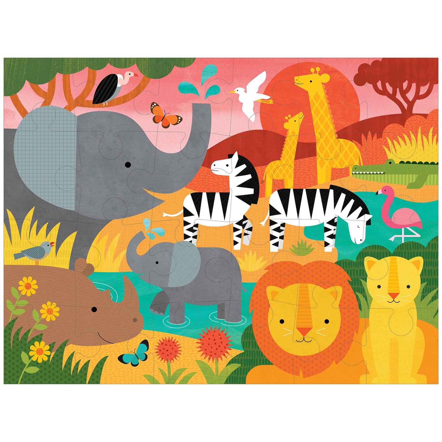 Colorful children's puzzle with cartoon animals in a jungle setting
