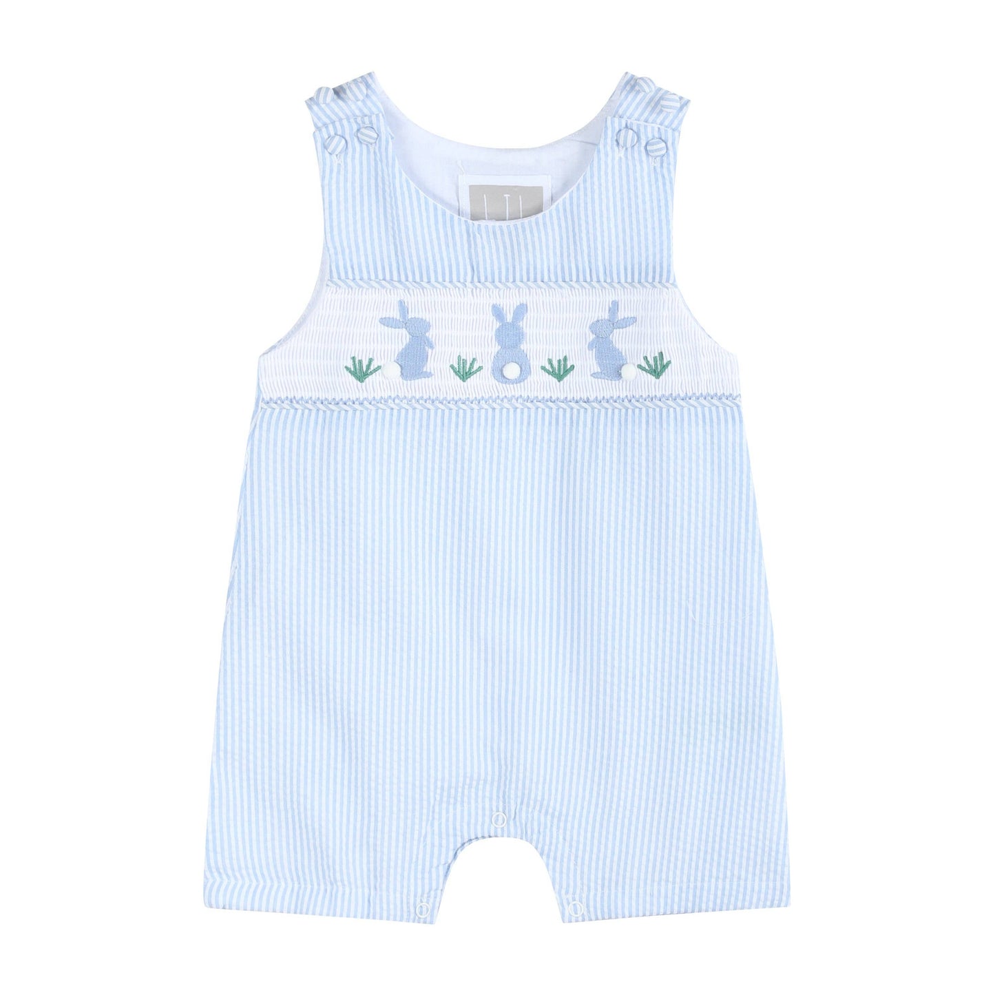 Light Blue Seersucker Easter Bunny Smocked Overalls