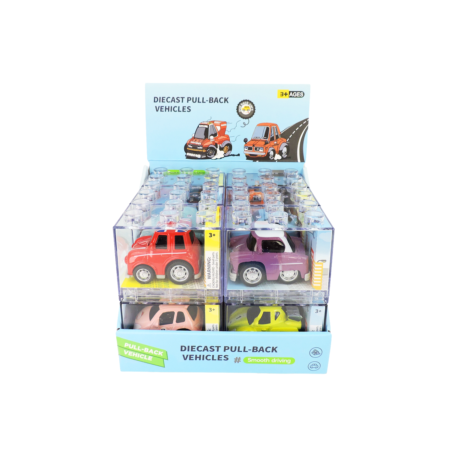 Box of diecast pull-back vehicles with toy cars on a white background