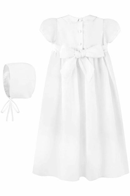 White Smocked Cross Baby Christening Gown with Bonnet