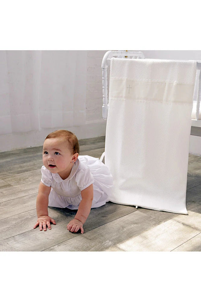 White Smocked Cross Baby Christening Gown with Bonnet
