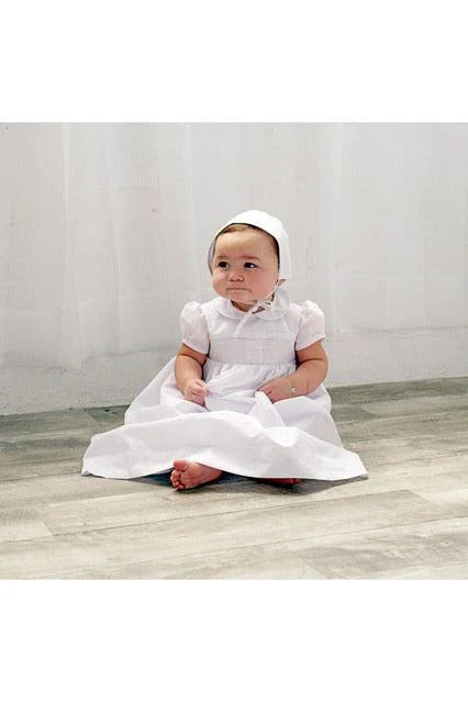 White Smocked Cross Baby Christening Gown with Bonnet