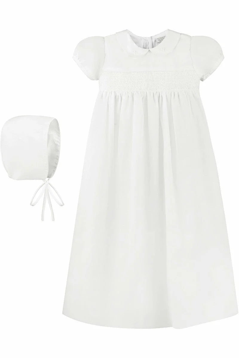 White Smocked Cross Baby Christening Gown with Bonnet