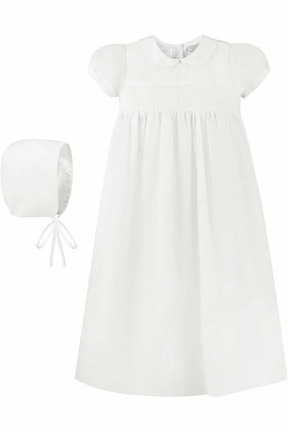 White Smocked Cross Baby Christening Gown with Bonnet