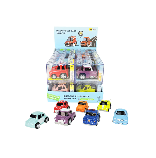 Display box of diecast pull-back vehicles with various colored cars on a white background