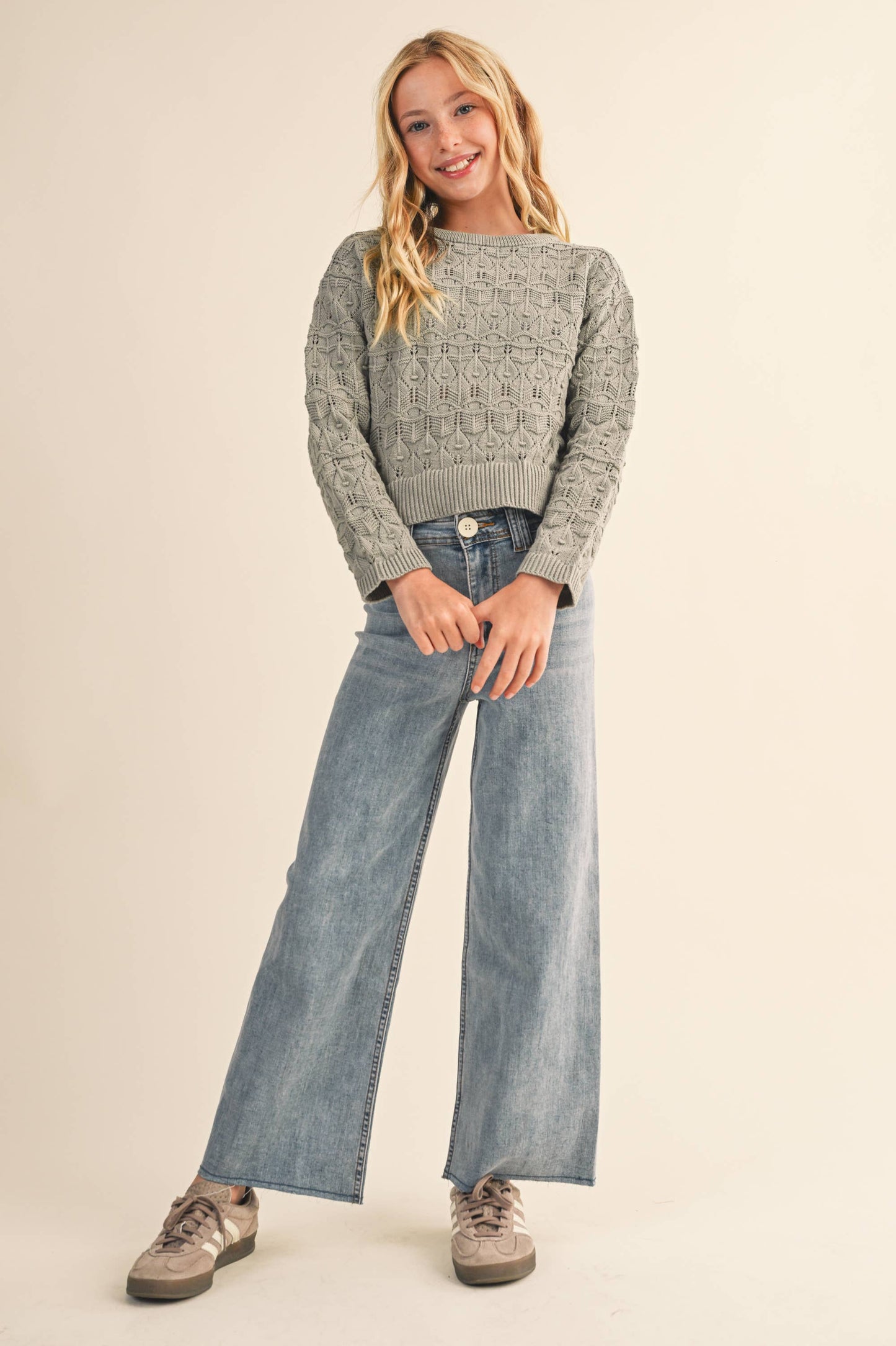 Tween Girl Wavy Pointelle Sweater
