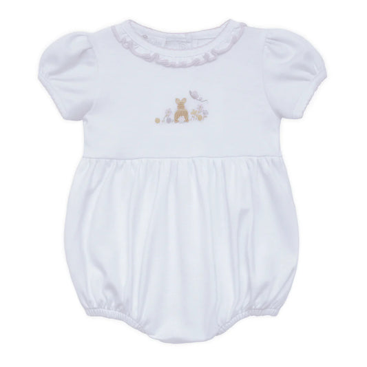 White baby romper with embroidered design on a white background