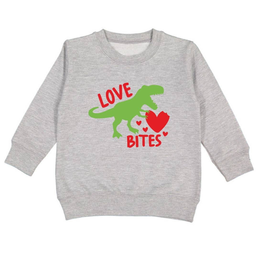 Gray sweatshirt with a green dinosaur and red text on a white background