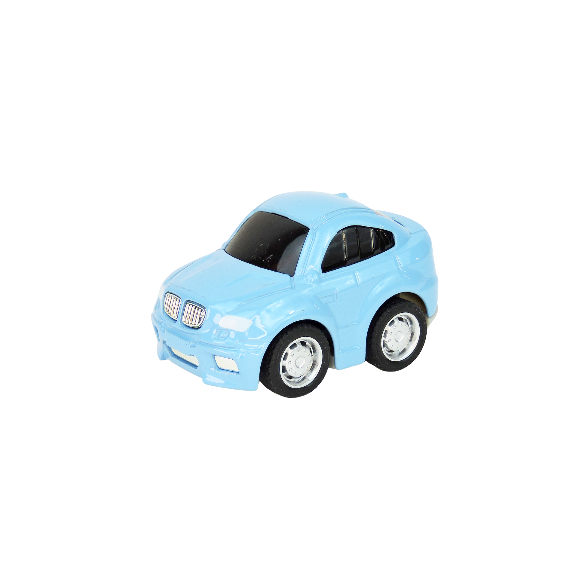 Light blue toy car on a white background