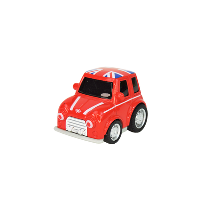 Red toy car with a British flag on a white background