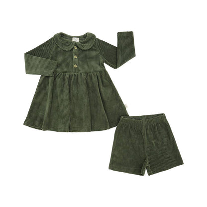 Autumn Evergreen Corduroy Long Sleeve Dress