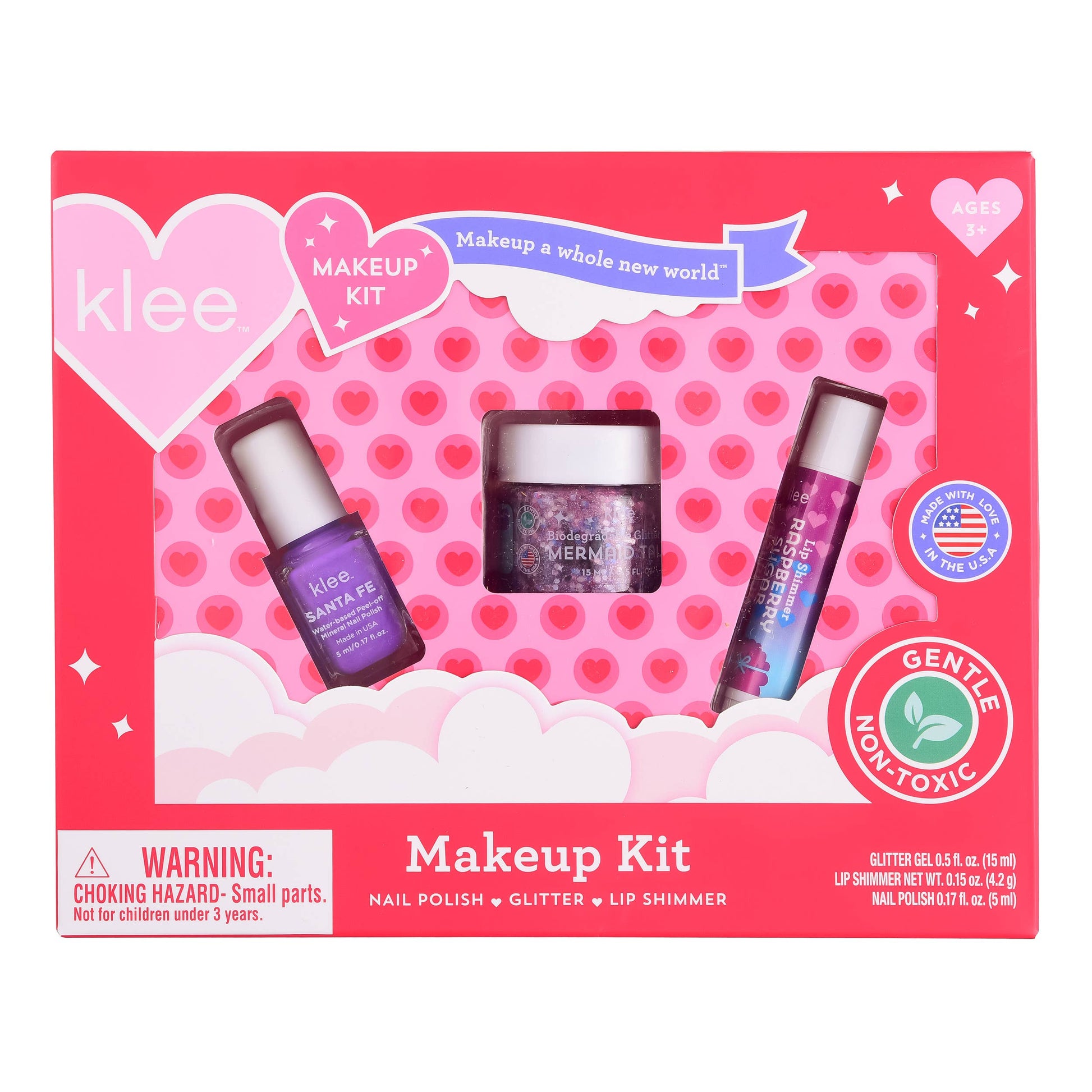 Klee makeup kit packaging with three products on a pink background