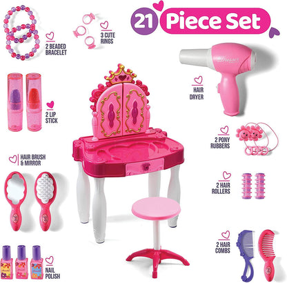 Pretend Play Girls Vanity Set with Mirror and Stool 21 PCS