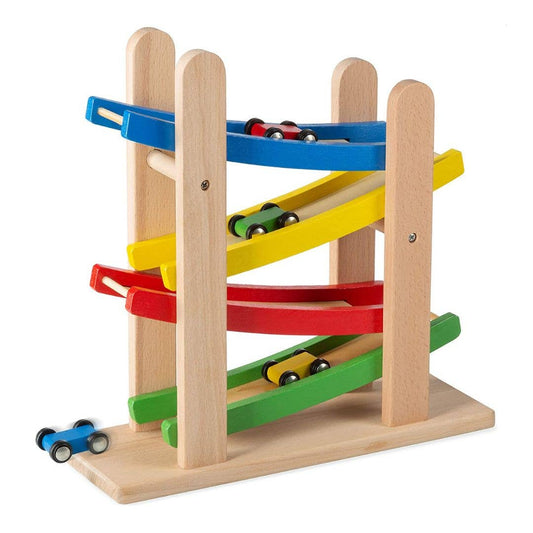 4 Level Toy Wooden Car Roller Ramp Wooden Race Track 4 Cars