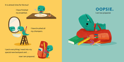 Illustrated children's book page with a character preparing for school.