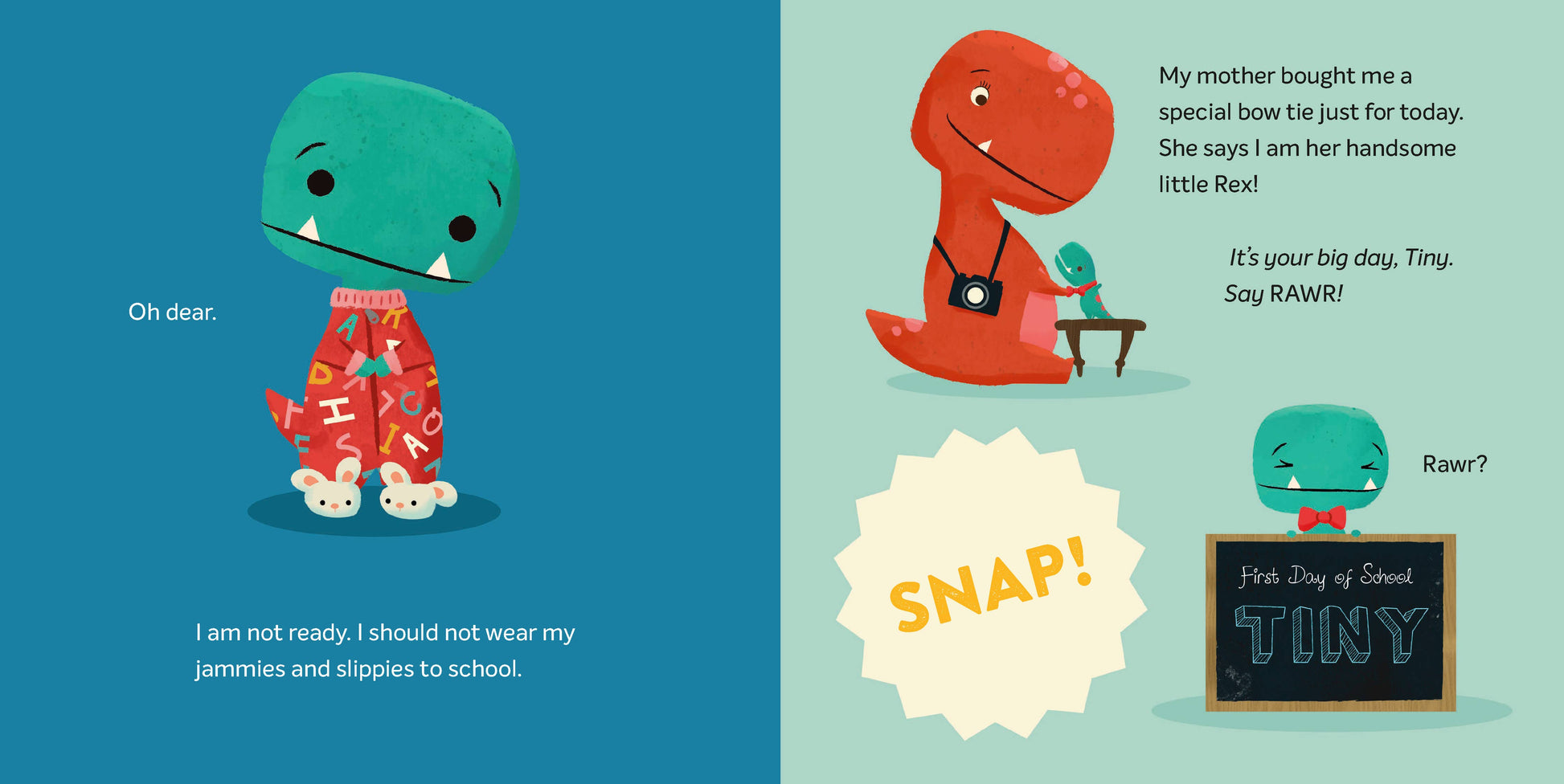 Illustrated book page with two dinosaurs, one in pajamas and the other in a suit, on a blue and green background.