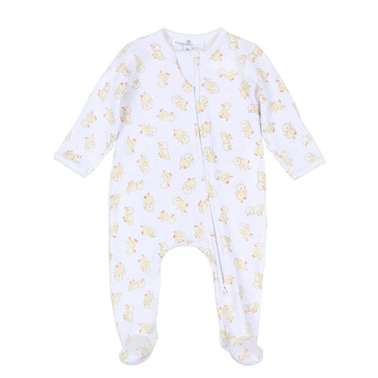 White baby onesie with yellow bear pattern on a white background