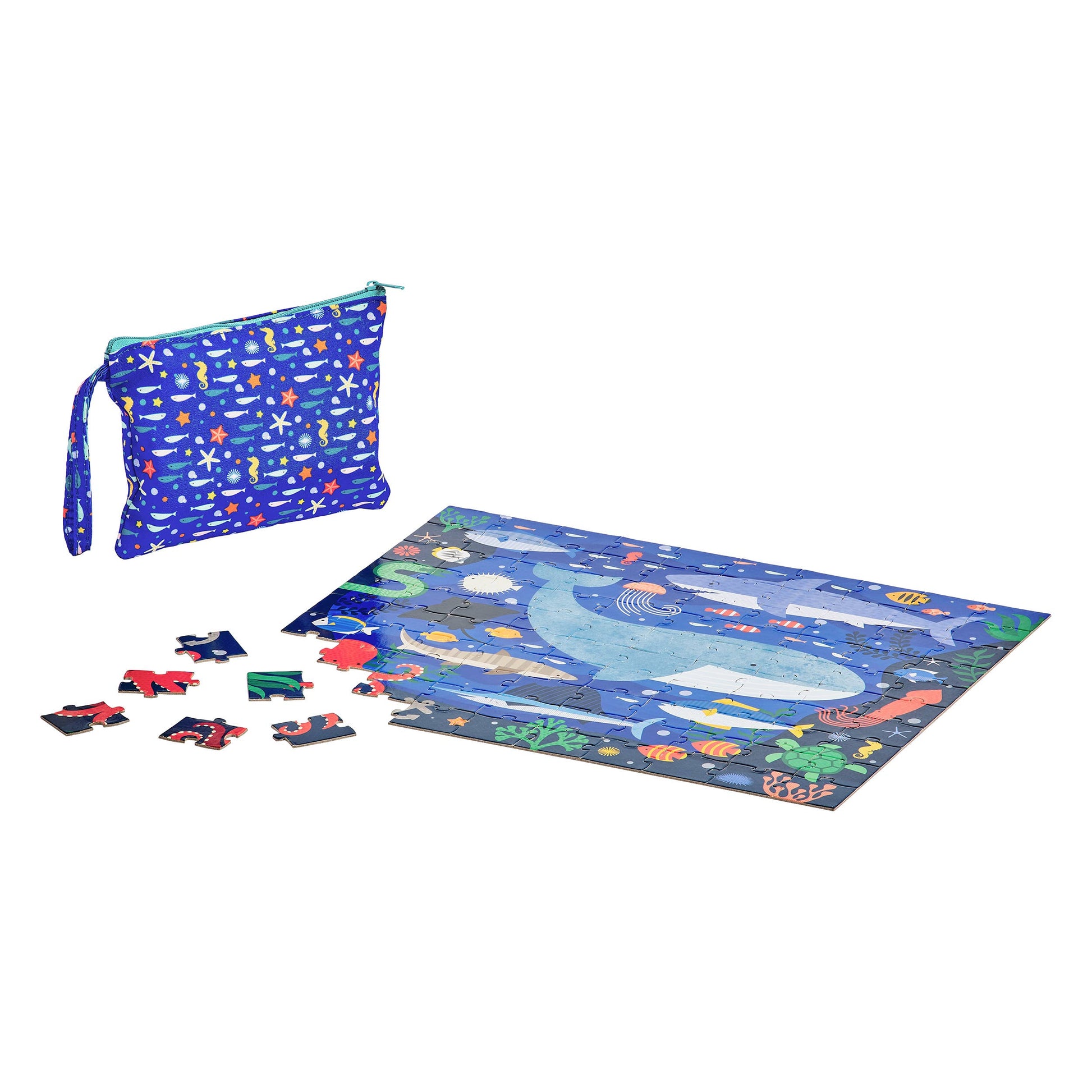 Children's puzzle set with a blue pouch on a white background
