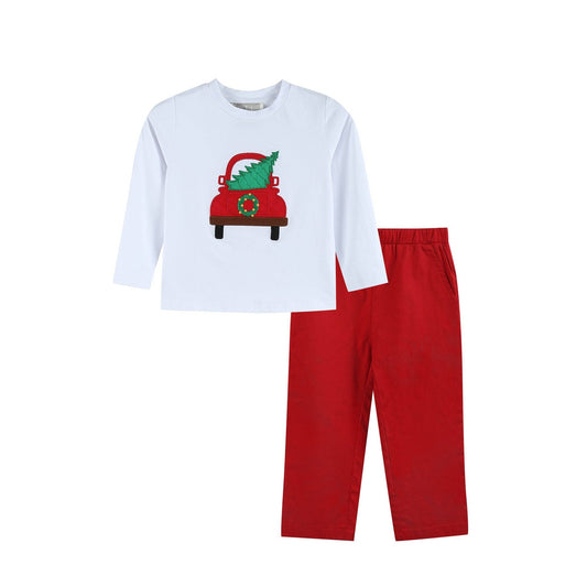 White Christmas Tree Truck Shirt and Red Pants Set