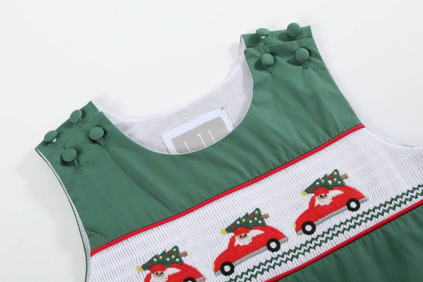 Green Santa Car Christmas Smocked Overalls