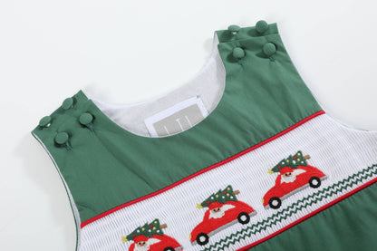 Green Santa Car Christmas Smocked Overalls