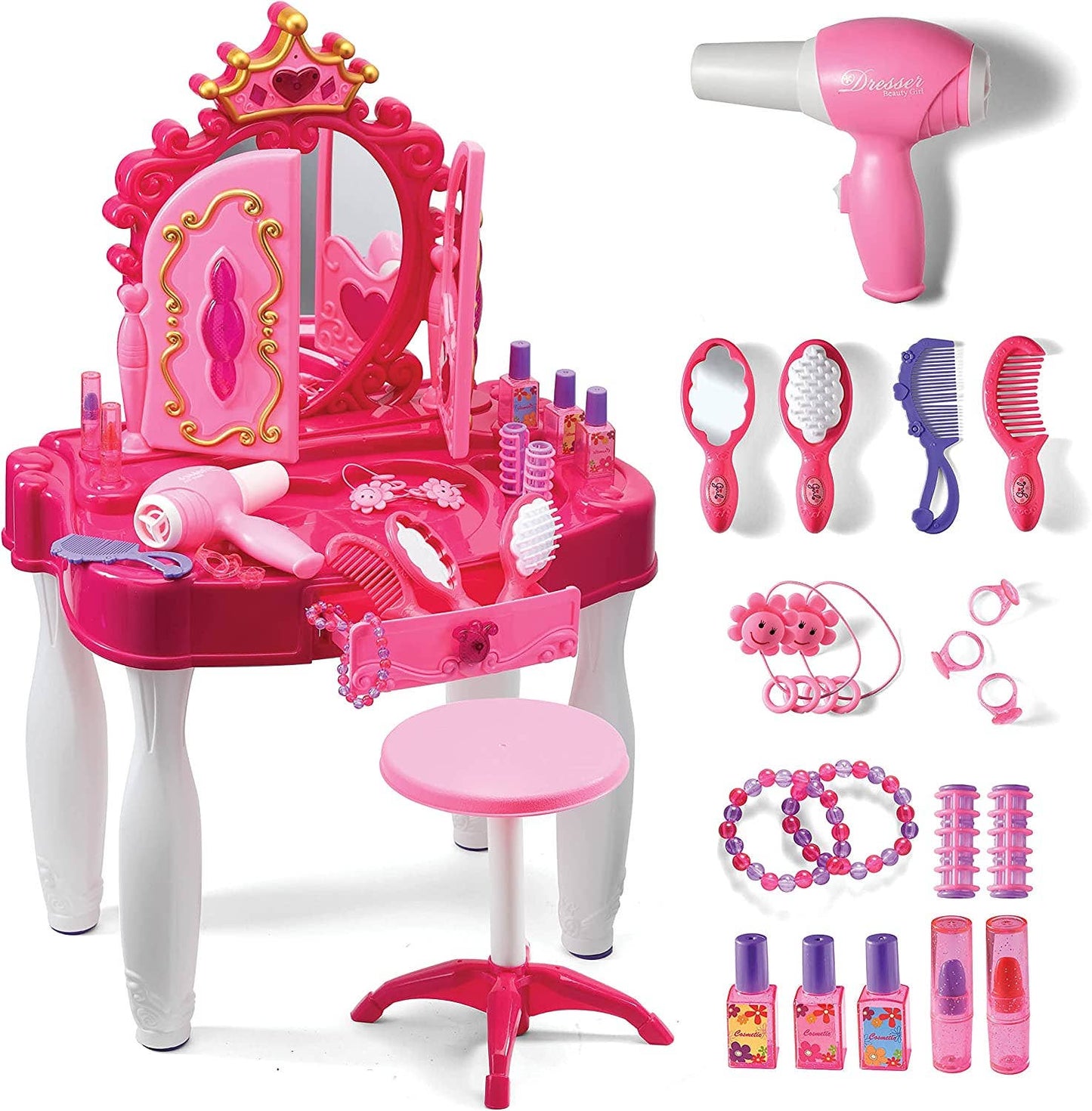 Pretend Play Girls Vanity Set with Mirror and Stool 21 PCS