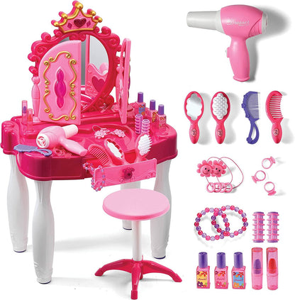 Pretend Play Girls Vanity Set with Mirror and Stool 21 PCS