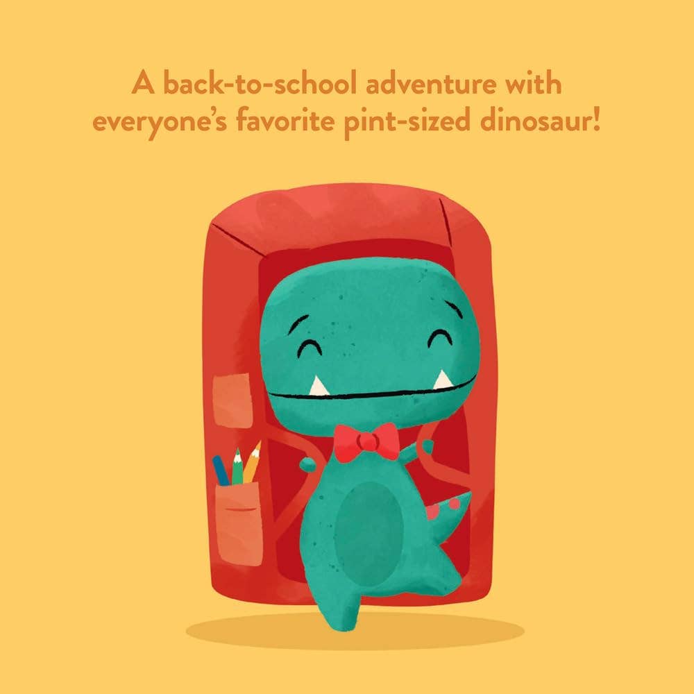 Cartoon dinosaur with a red backpack on a yellow background with text about a back-to-school adventure.