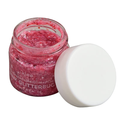 Pink glitter gel jar with a white applicator on a white background