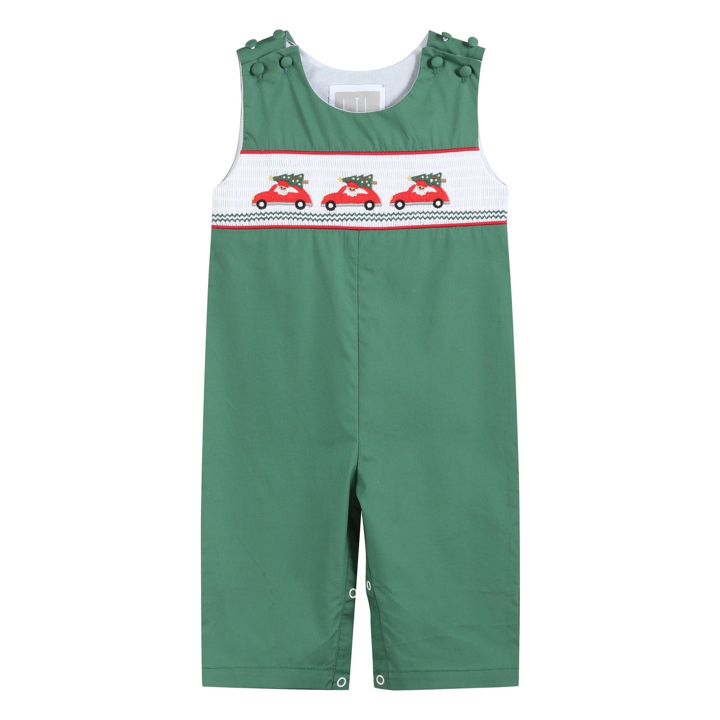 Green Santa Car Christmas Smocked Overalls