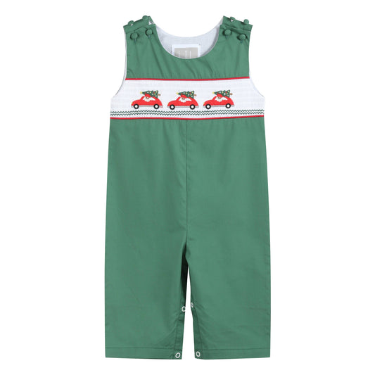 Green Santa Car Christmas Smocked Overalls