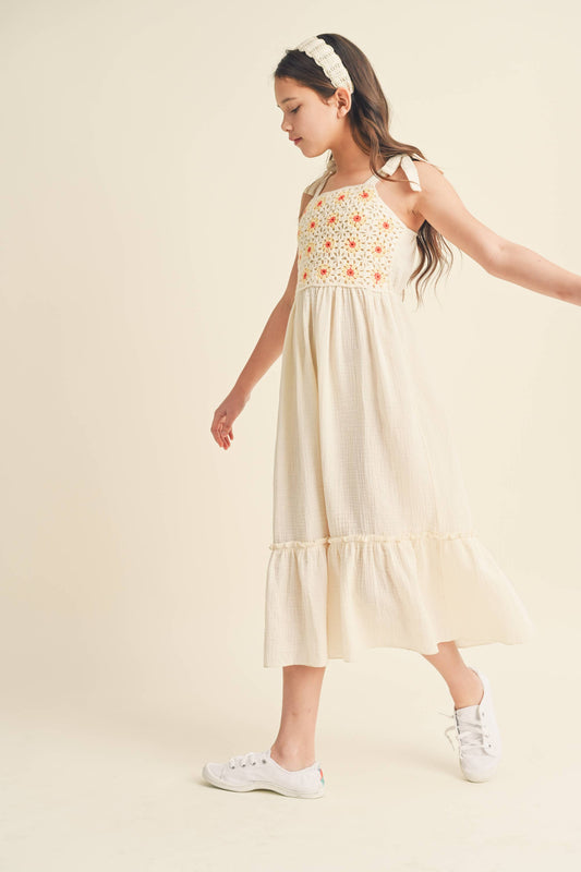 Tween Girls Crochet Floral Midi Dress