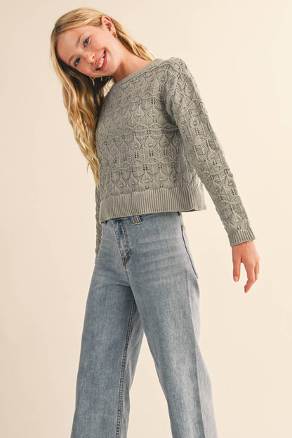 Tween Girl Wavy Pointelle Sweater