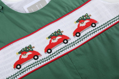 Green Santa Car Christmas Smocked Overalls