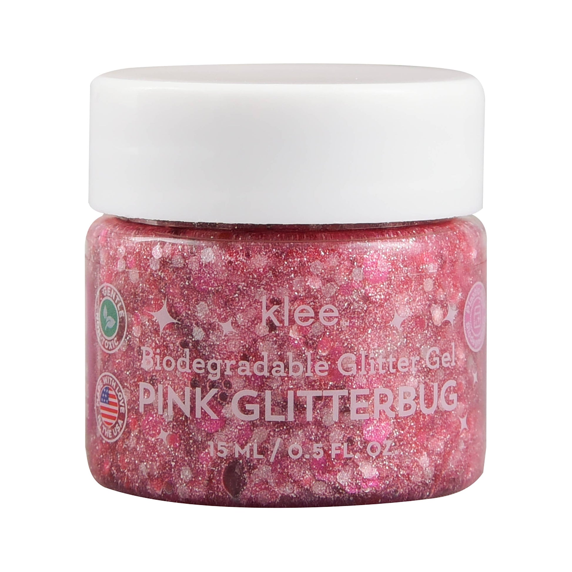 Pink glitter gel jar with white lid on a white background