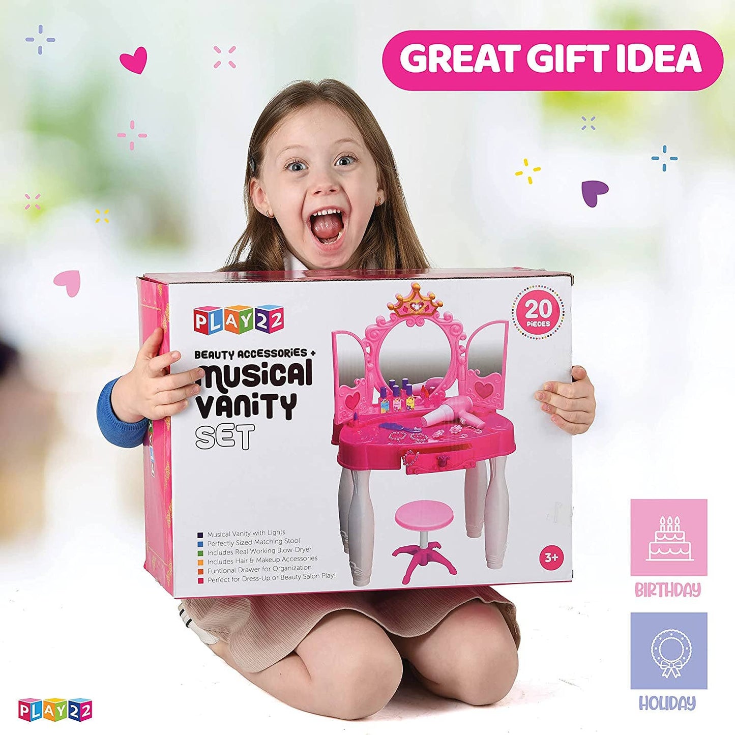 Pretend Play Girls Vanity Set with Mirror and Stool 21 PCS