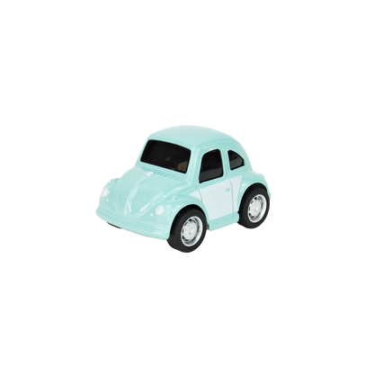Small turquoise toy car on a white background