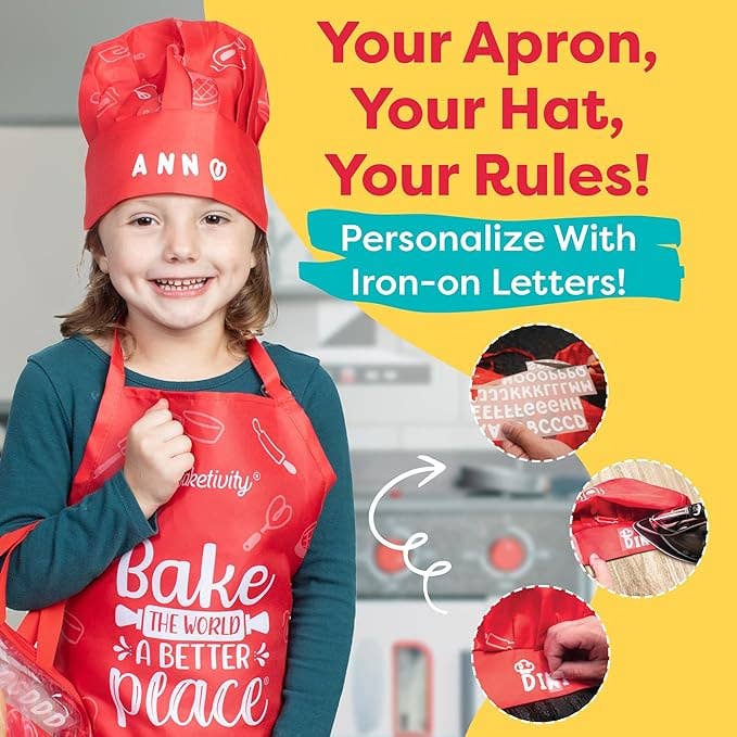 Baketivity Kids Chef Hat & Apron Customizable Set