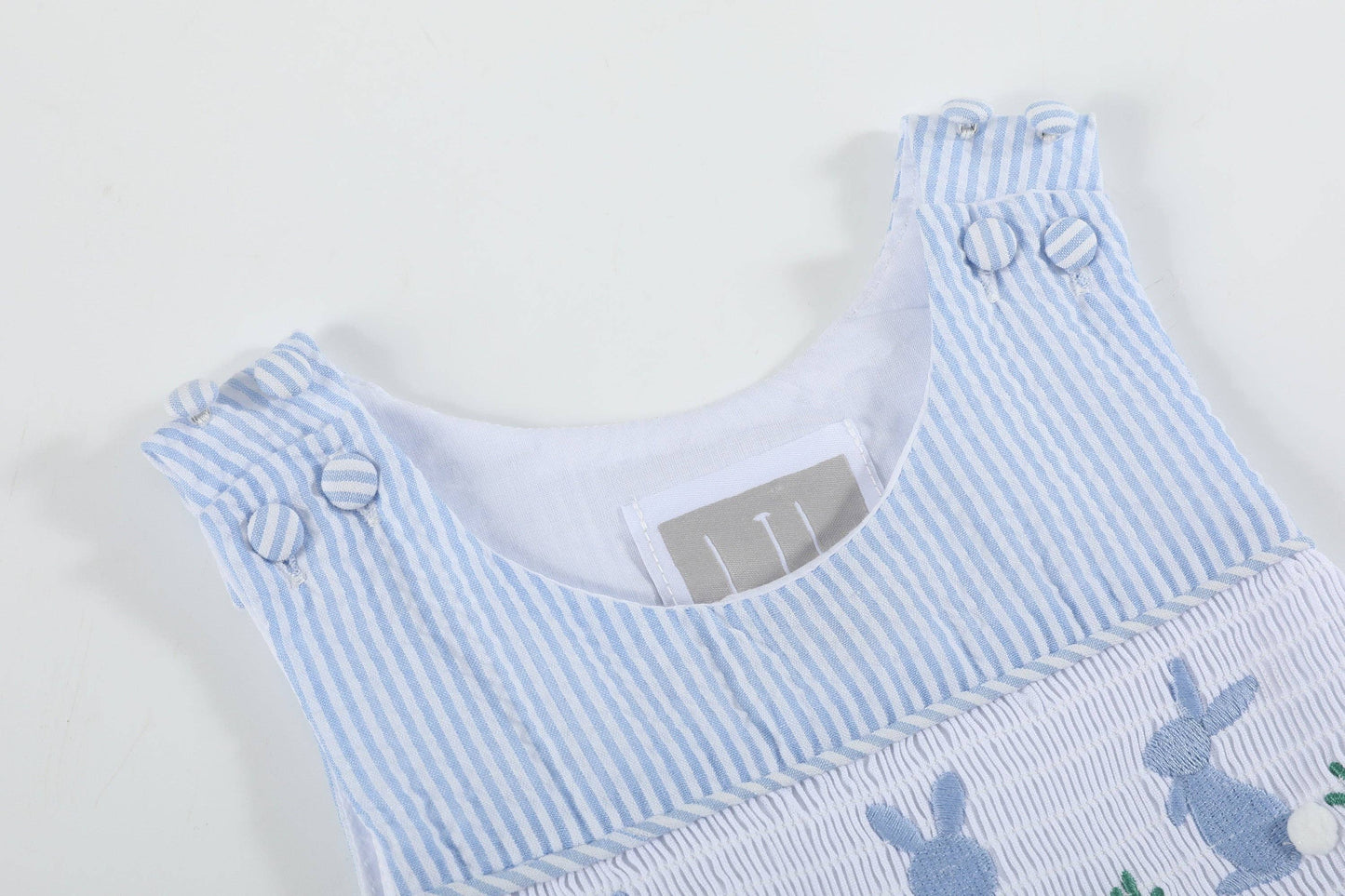 Light Blue Seersucker Easter Bunny Smocked Overalls