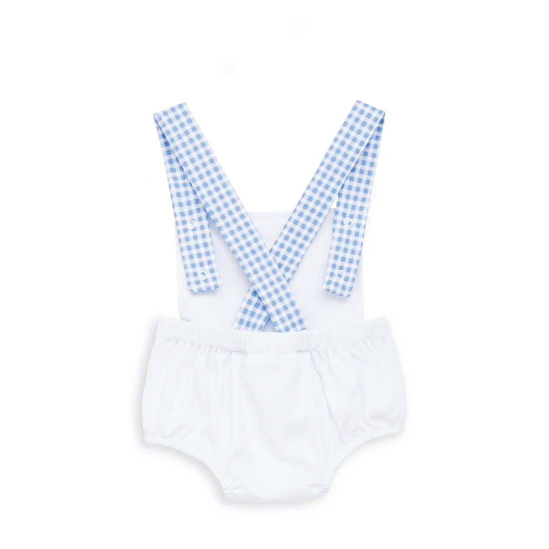 White baby romper with blue gingham straps on a white background
