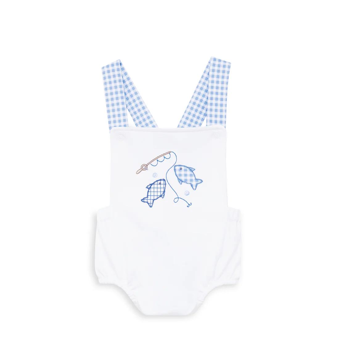 White baby romper with blue checkered straps and fish design on a white background