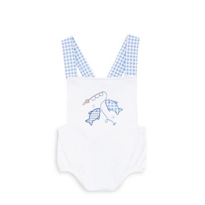 White baby romper with blue checkered straps and fish design on a white background