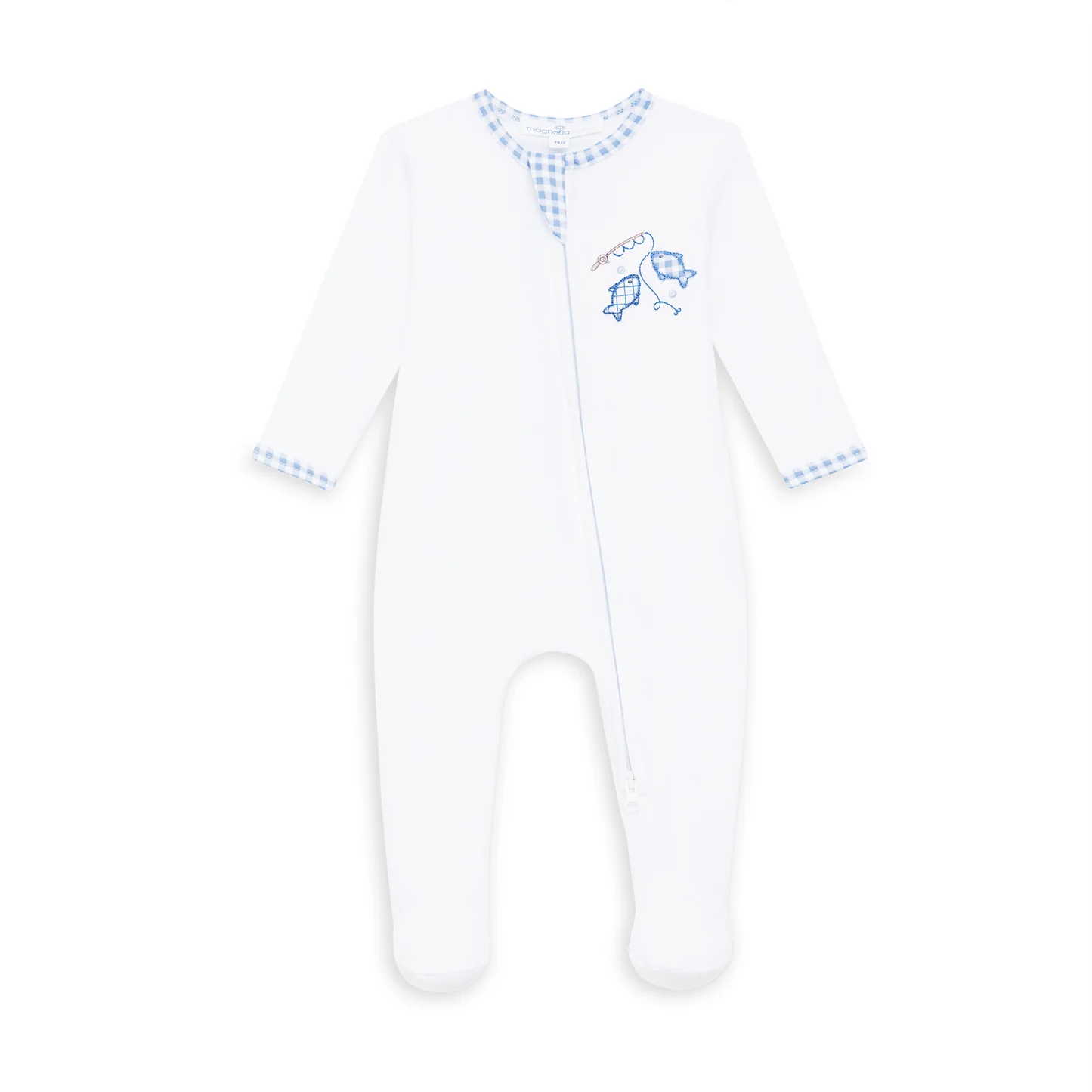 White baby onesie with blue fish design on a white background