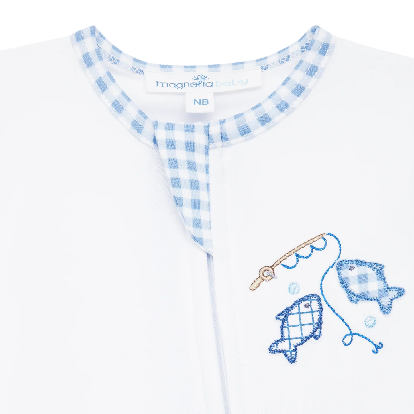 Baby outfit with blue checkered collar and embroidered fish design on a white background