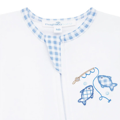 Baby outfit with blue checkered collar and embroidered fish design on a white background